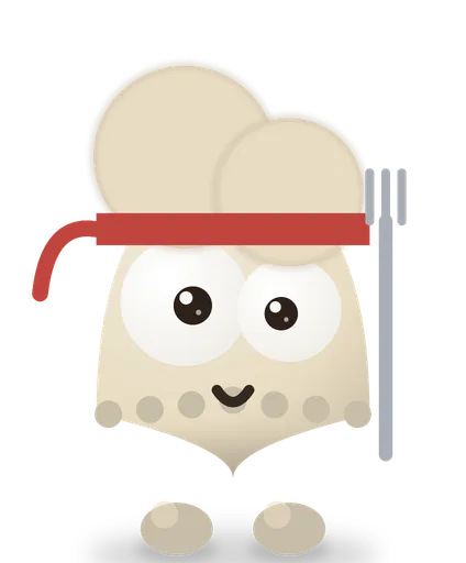 Dumplingus, a dumpling in a red headband with a fork, ready to fight