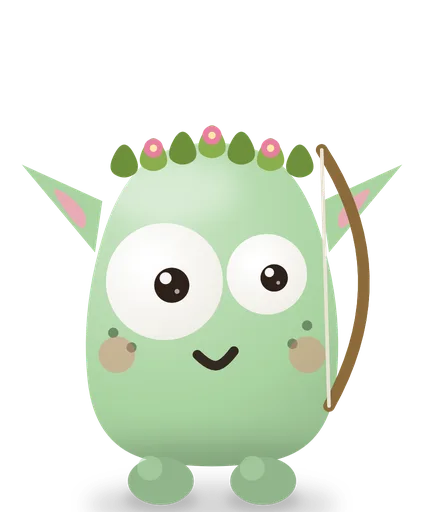 Larpochka, a green elf in a flower wreath holding a bow