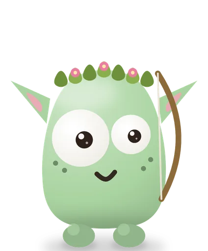 Larpochka, a mint elf with pointed ears, a flower crown and a bow