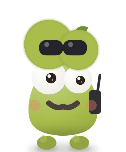 Peargent, a green pear in sunglasses holding a walkie-talkie