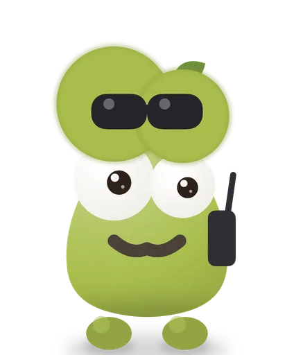 Peargent, a green pear in sunglasses with a walkie-talkie