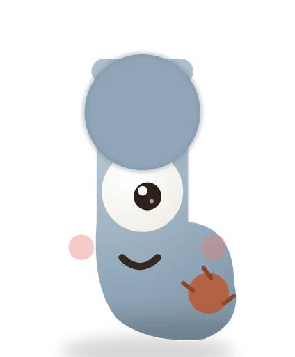 Socky, a blue sock with one eye and a patch, smiling
