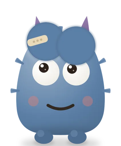 Stormy, a dark blue weirdo with a band-aid on its head, smiling