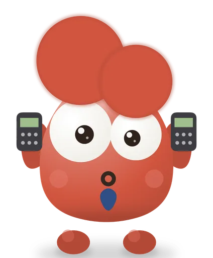 TaxCrab, a round red weirdo in a tie, holding two calculators
