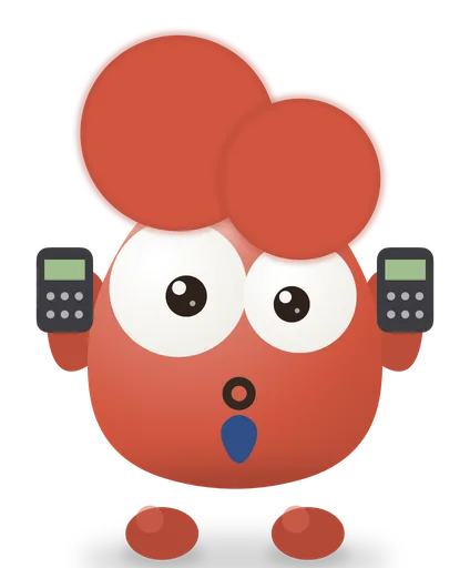 TaxCrab, a round red weirdo in a tie, holding two calculators