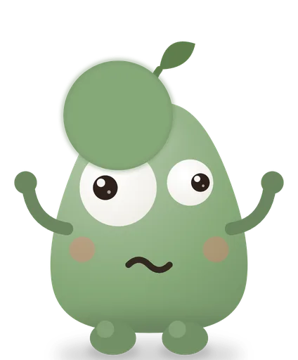 Shruggy, a green pear-shaped weirdo with both arms up in a shrug