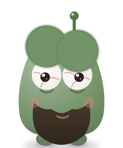 Buzzy, a green weirdo with a big dark beard and tired eyes