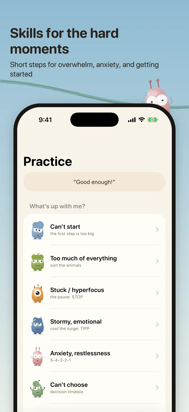 Practices, captioned Skills for the hard moments: states such as Can’t start and Too much of everything, each with its weirdo