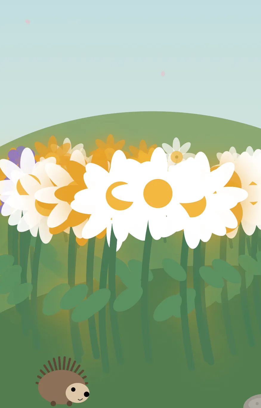 Opora’s garden: daisies and sunflowers on a green hill, with a hedgehog in the grass